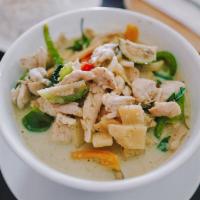 Green Curry ( A La Carte) · Green curry in coconut milk, bamboo shoot, Thai eggplant and basil.