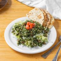 Tabbouli Salad and Pita  · Chopped parsley, tomato, green onions, mint, cracked wheat, olive oil, lemon juice and salt. 