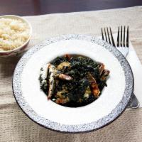 Seafood potato greens  · Potato greens cooked in vegetable oil with Crab,Shrimp,and Tilapia filet.