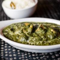 Palak (Saag) · Spinach, onion, tomatoes, cream and spices. Spicy.