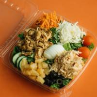 Hawaiian Chef Salad Bowl Combo · Chicken, imitation crab, turkey and pineapples. Comes with side and a drink.