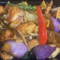37. Pla Dook Pad Ped · Fried catfish with chili sauce, eggplants, bamboo shoots, bell peppers, onions and sweet bas...