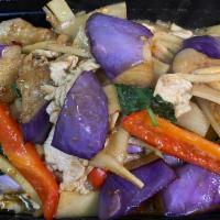 60. Eggplant & Bamboo Shoots · Eggplants and bamboo shoots in sweet basil and chili sauce. Spicy.