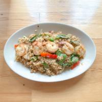 98. Hot Basil Fried Rice · Fried rice with egg, chili, bell peppers, onions, mushrooms and basil. Spicy.