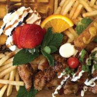 Cajun Honey Chicken Box · Korean fried chicken and waffles! Comes with Cajun honey chicken, a Belgian waffle, fries, a...