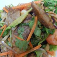 13. Yum Ped Yaang · Roasted duck shredded and tossed with ginger, scallions, celery, cilantro, red onion, and ch...