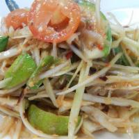 Som Tum Parah · Shredded green papaya, tomatoes, dried chili, Thai anchovy juice, garlic, string beans, and ...