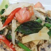 Khao Pad Krapow · Thai fried rice with bamboo shoots, string beans, onion, tomatoes, bell peppers, basil, and ...