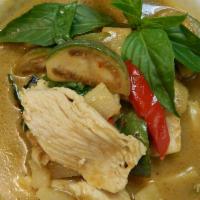 26. Green Curry · Choice of protein, bamboo shoot, red peppers, green peppers, Thai eggplant, coconut milk and...