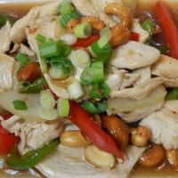 23. Cashew Nuts · Choice of protein stir-fried with cashew nuts, red pepper, green pepper, onions and scallion...