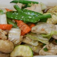 24. Combination Stir-Fried Vegetable · Choice of protein stir-fried with broccoli, mushrooms, Chinese cabbage, snow peas, napa, zuc...