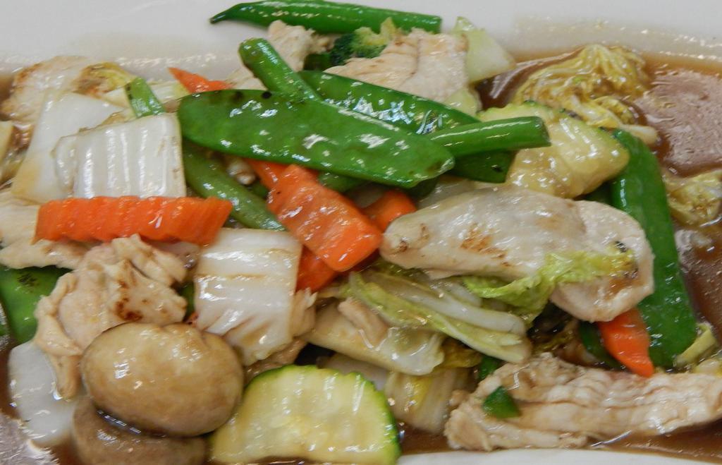 24. Combination Stir-Fried Vegetable · Choice of protein stir-fried with broccoli, mushrooms, Chinese cabbage, snow peas, napa, zucchini, and carrots in a light garlic sauce.
