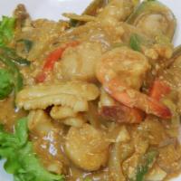 43. Bangkok Seafood · Combination of shrimp, squid and  stir-fried with onions, egg, mushrooms, celery, and scalli...