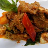 Pad Phet Moo Bpaa · Light crispy Pork red & green pepper, Thai eggplant, ginger- root, fresh peppercorn, basil, ...