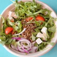 Roka Salad · Baby arugula, cherry tomatoes, red onion, green lentil, fresh tofu and pomegranate-sumac lem...