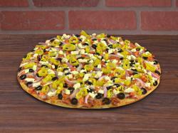 Olympus · Our New Vegetarian Pizza! Piled high with our classic Mozzarella cheese, black olives, red o...