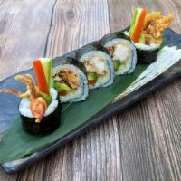 Spider Roll · Deep fried soft shell crab, avocado, cucumber, gobo, and eel sauce.