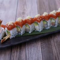 Hot Night Roll · Shrimp tempura, crab, avocado, cucumber, topped with spicy tuna and crunch outside with eel ...