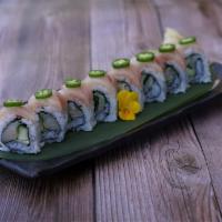 Yellowtail Cilantro Roll · Yellowtail, cucumber, cilantro topped with yellowtail and jalapeno served with citron ponzu ...