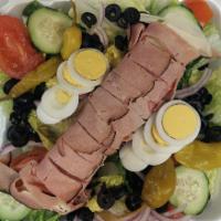 Antipasto Salad · Romaine lettuce, tomatoes, cucumbers, onions, olives, provolone cheese, pepperoncini, salami...