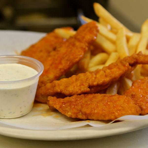 Chicken Fingers · Tossed in your choice of sauce or plain. Served with your choice of ranch or bleu cheese dressing.