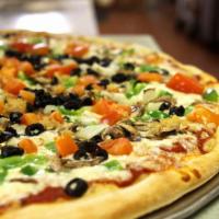 Veggie Pizza · Mushrooms, onions, bell peppers, black olives, tomatoes and fresh garlic.