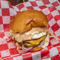The Dirty Jersey Burger · Certified smash burger served with pork roll, fried egg, house made cheese whiz and all the ...
