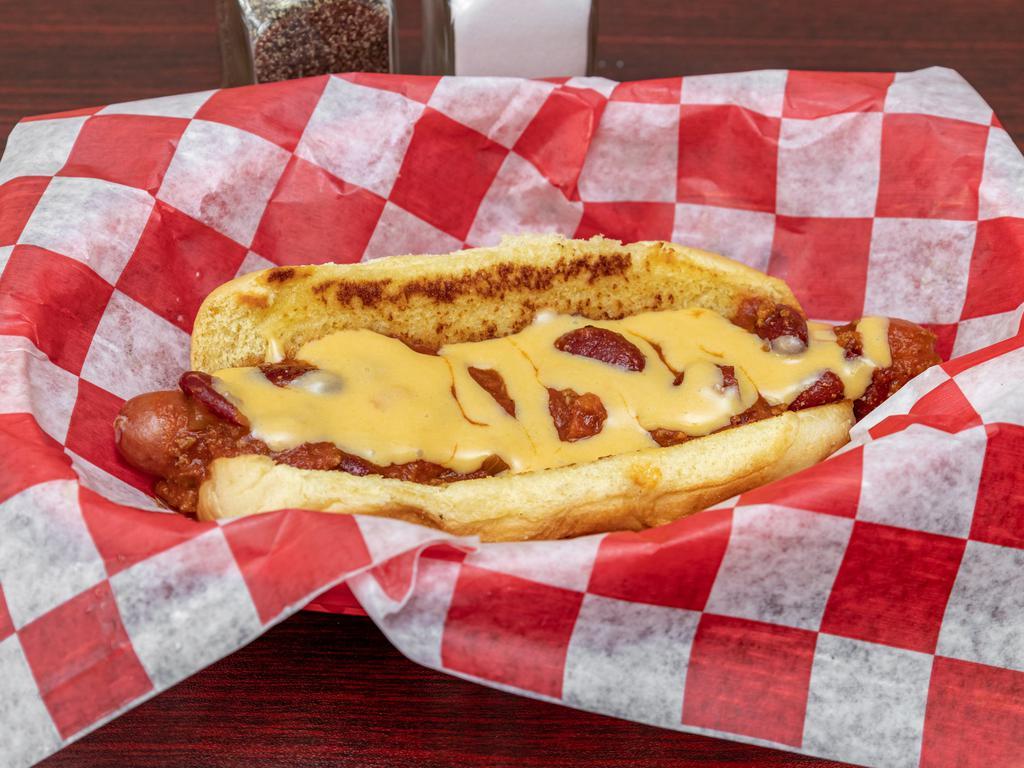 Chili Cheese Dog · Sabrett hot dog topped with home-made chili and velveeta cheese whiz served on a toasted potato bun