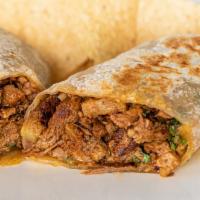 Al Pastor Burrito · Flour tortilla filled with refried beans, al pastor/pork, cilantro and diced red onion.
