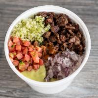 Bueno Bowl - Carne Asada · Bowl with whole beans, Mesquite Grilled Carne Asada, cabbage, red onion, pico de gallo, guac...