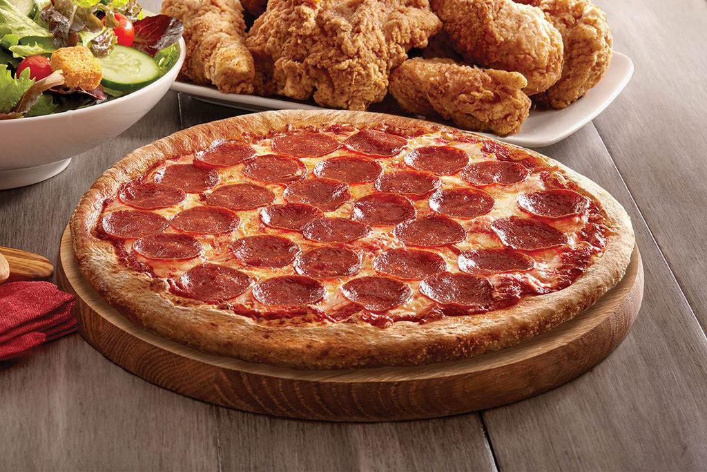 Pepperoni Pizza · Our classic cheese pizza topped with a generous helping of pepperoni.