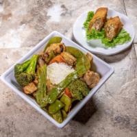 Chicken with Snow Peas · Sliced chicken mixed with snow peas and water chestnuts in a white sauce. Served with homema...