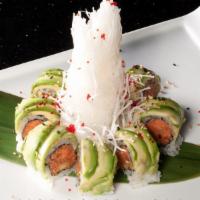 Volcano Roll · 8 pieces. Spicy tuna with crunch, mango and topped with avocado.