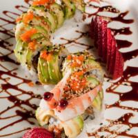Dragon Roll · 8 pieces. Eel with cucumber and topped with avocado & masago, eel sauce.