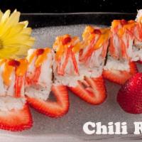 Chili Roll · 8 pieces. Salmon, spicy tuna, cucumber with jalapeno inside and topped with kani, sriracha &...