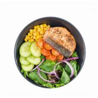 Pepper Salad with Salmon · Cucumbers, cherry tomatoes, onions, and corn over mixed greens