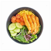 Pepper Salad with Ebi Shripm Katsu · Cucumbers, cherry tomatoes, onions, and corn over mixed greens