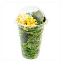 Seaweed Shake Salad · Corn, cherry tomatoes, and seaweed over mixed greens