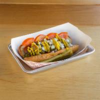 The Chicago Dog · Served with relish, onion, tomato, cucumber, pickle, sport peppers, celery salt, and mustard...