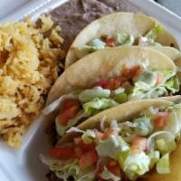 Street Taco Combo Plate · 3 street style tacos soft corn tortilla choice of meat, avo-cream, cilantro, diced onion, be...