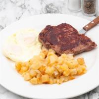 Steak and Eggs · 8 oz. breakfast ribeye and 2 basted eggs and homestyle potatoes. Served with choice of side.
