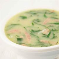 Brazilian Green Soup · Rich, smoky soup with shredded collard greens, potato puree and Portuguese sausage.