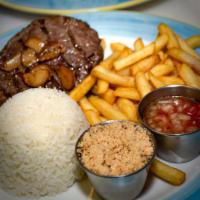 Grilled Top Sirloin with Garlic · Grilled top sirloin with roast garlic served with french fries, rice, beans, farofa and home...