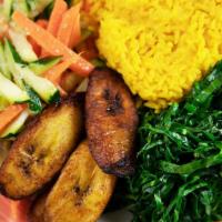 Rice, Beans, Vegetables and Sweet Plantains · Arroz, feijao, vegetais e banana frita. Vegetarian.
