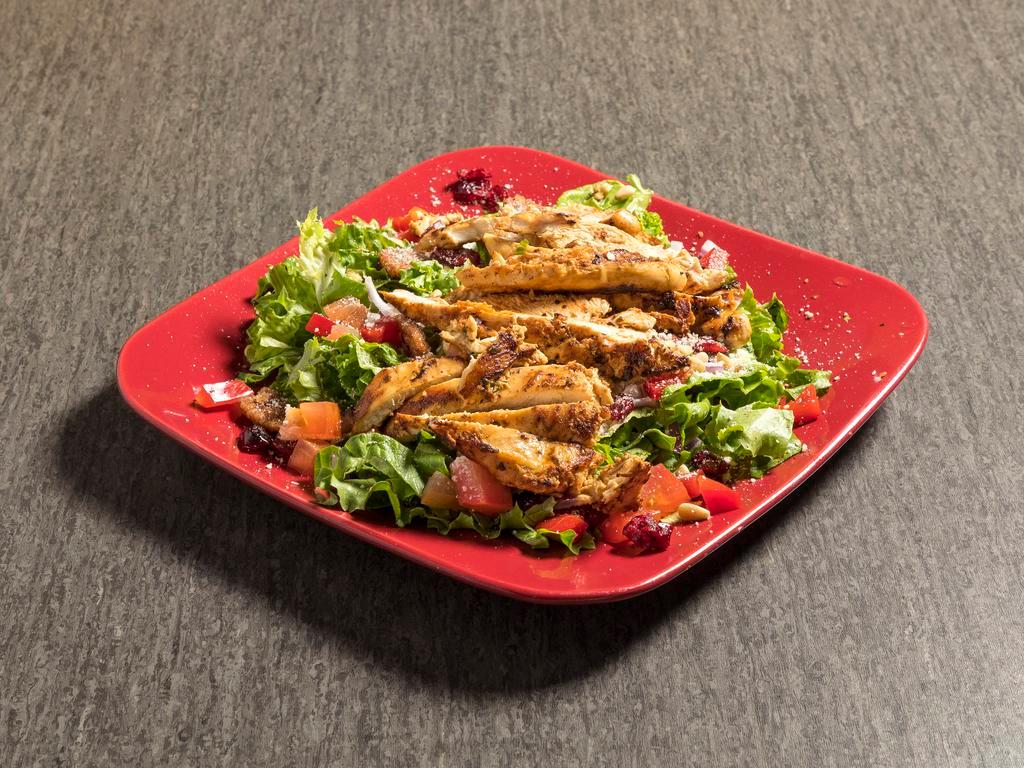 Rock and Wings Salad · Romaine lettuce, dry cranberry, sweet pecans, red bell pepper, red onion, tomatoes, Parmesan cheese, pine nuts and balsamic dressing.