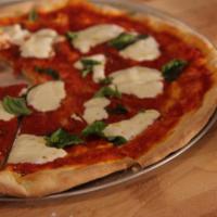 Margherita Pizza · Sliced Tomatoes, Fresh Basil, Fresh Sliced Mozzarella Extra Virgin Olive Oil and Parmesen Ch...