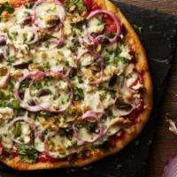 Greek Pizza · Mozzarella cheese, Feta cheese, Fresh Spinach, Tomatoes, Kalamata Olives, Onions and Topped ...