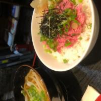 Negi-Toro Don Set Combo · Fatty tuna over rice with udon.