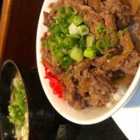 Gyu Don Set Combo · Simmered beef over rice with udon.