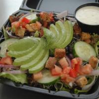 Avocado Salad · A hearty vegan salad with 1/2 an avocado, alfalfa sprouts, onion, tomato, cucumber, dill, an...